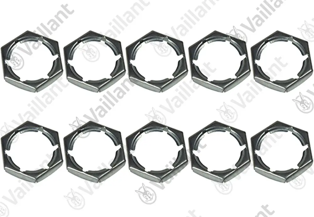 Zehn metallene Sechskantmuttern von Vaillant, die nebeneinander angeordnet sind. Die Muttern haben eine offene Seite und einen typischen Sechskant-Design.
